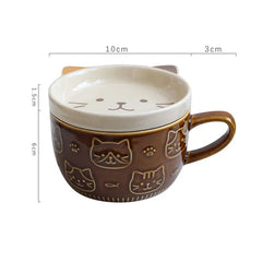 "Japanese" Cartoon Cat Coffee Mug with Cat Pattern Lid and Small Dish - Adorable Anytime Cup for Creative Coffee and Treats, or Even Milk and Cookies