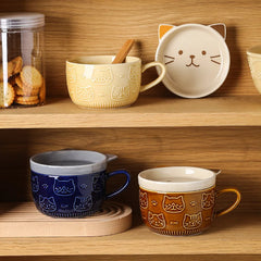 "Japanese" Cartoon Cat Coffee Mug with Cat Pattern Lid and Small Dish - Adorable Anytime Cup for Creative Coffee and Treats, or Even Milk and Cookies