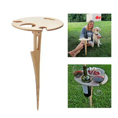 Professional title: "Portable Folding Outdoor Wine Table with Mini Wooden Round Desktop for Picnics, Travel, and Garden"