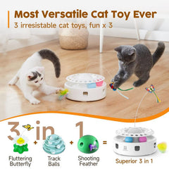 Potaroma Automatic Cat Toys 3-In-1 Interactive Kitten Toy, Fluttering Butterfly, Random Moving Ambush Feather, Track Balls, Dual Power Supplies, USB Powered, Indoor Exercise Cat Kicker