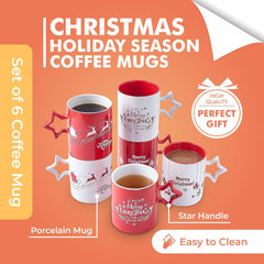 Red and White Funny Coffee Mugs with Star Handle Set of 6 -Large-Sized Mugs 14 Ounce Holidays Novelty Cups, Decorative DIY Cute Coffee Mugs-Hot Chocolate Gift Sets