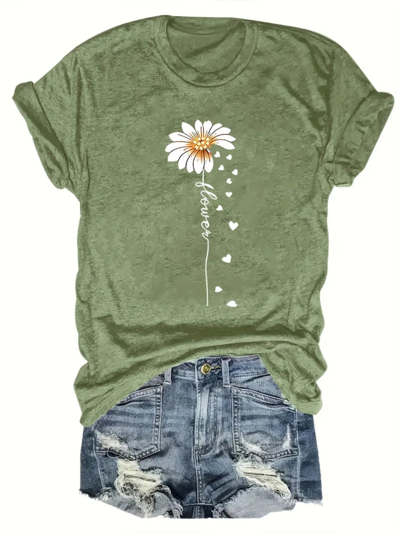 Women's Floral and Letter Print Round Neck Graphic Tees - Vintage Casual Short Sleeve T-Shirts for All Seasons