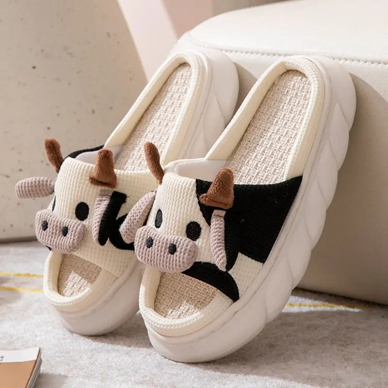 Charming Cartoon Cow Open-Toe Slippers for Women - Soft, Anti-Slip House Shoes