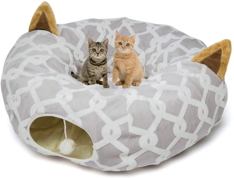 Premium Plush Cat Tunnel Bed with Fluffy Toy Balls and Small Cushion - Flexible 10 Inch Diameter, 3 Ft Length - Ideal for Cats and Small Dogs in Gray Geometric Design