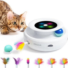 ORSDA Cat Toys 2-In-1 Interactive Cat Toys for Indoor Cats, Automatic Cat Toy Balls, Ambush Feather Kitten Toys with 6Pcs Attachments, Dual Power Supplies, Auto On/Off (Upgraded Version)