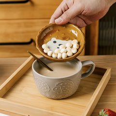 "Japanese" Cartoon Cat Coffee Mug with Cat Pattern Lid and Small Dish - Adorable Anytime Cup for Creative Coffee and Treats, or Even Milk and Cookies