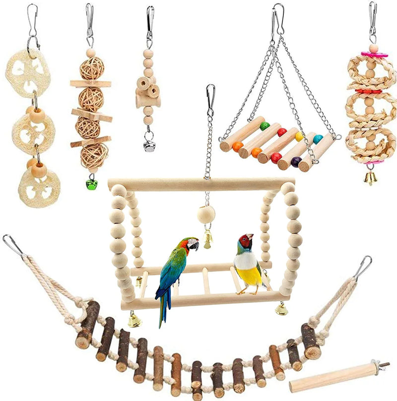 Extra Large Bird Toy Set - 8 Pack of Wooden Swing and Chewing Accessories for Parakeets and Parrots, Ideal for Bird Cages and Training