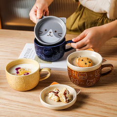 "Japanese" Cartoon Cat Coffee Mug with Cat Pattern Lid and Small Dish - Adorable Anytime Cup for Creative Coffee and Treats, or Even Milk and Cookies