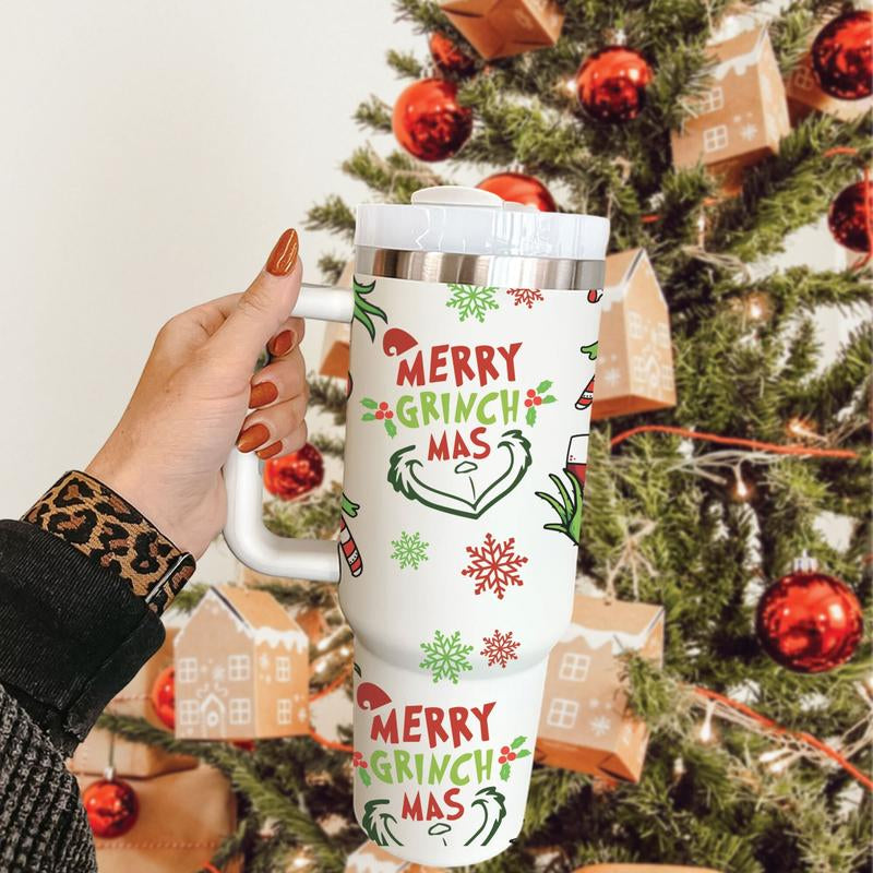 Merry Grouchmas Tumbler 40Oz with Handle, Christmas 40Oz Tumbler, Funny the Mean One Tumbler with Straw, Insulated Christmas Water Bottle