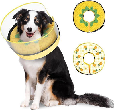 Adjustable Inflatable Dog Recovery Cone - Comfortable Alternative to Donut Collar for Dogs of All Sizes, Waterproof with Removable Cover and Dual-Sided Pattern (Size S)