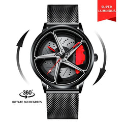 "360° Rotating Sports Car Wheel Hub Watch - Waterproof Men's Timepiece for the Ultimate Car Enthusiast!"