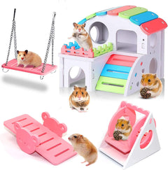 4-Piece Wooden Hamster Toy Set for Small Pets - Includes House, Swing, and Seesaw - Ideal Accessories for Dwarf Hamsters, Mice, and Gerbils (Pink)