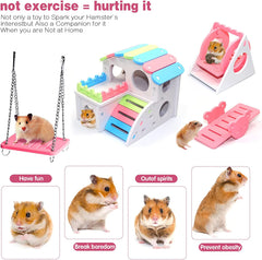 4-Piece Wooden Hamster Toy Set for Small Pets - Includes House, Swing, and Seesaw - Ideal Accessories for Dwarf Hamsters, Mice, and Gerbils (Pink)