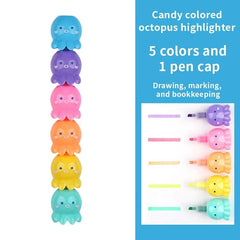 5 Colors Cute Octopus Highlighter Watercolor Highlighter and Graffiti Markings for School and Office