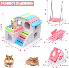 4-Piece Wooden Hamster Toy Set for Small Pets - Includes House, Swing, and Seesaw - Ideal Accessories for Dwarf Hamsters, Mice, and Gerbils (Pink)