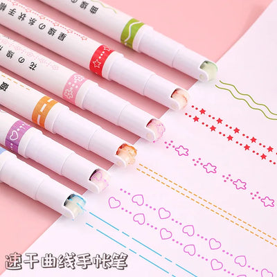 6Pcs/Set Kawaii Flowers Line Shaped Highlighter Pens Roller Tip Curve Liner Marker for Writing Journaling Drawing Stationery