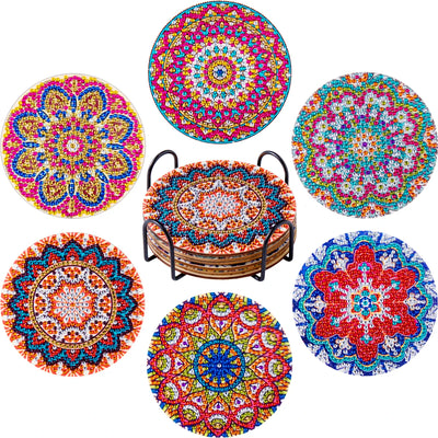 6-Piece Diamond Painting Coaster Set with Holder - Mandala Art Kits for Adults and Kids Home Decor