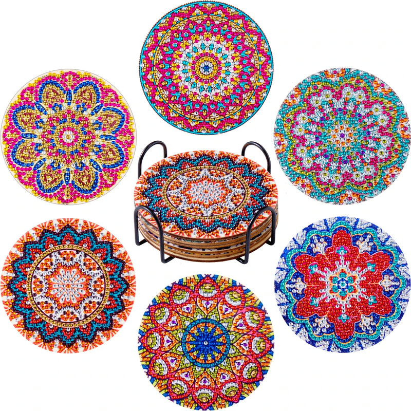 6-Piece Diamond Painting Coaster Set with Holder - Mandala Art Kits for Adults and Kids Home Decor