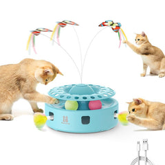 Potaroma Automatic Cat Toys 3-In-1 Interactive Kitten Toy, Fluttering Butterfly, Random Moving Ambush Feather, Track Balls, Dual Power Supplies, USB Powered, Indoor Exercise Cat Kicker