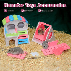 4-Piece Wooden Hamster Toy Set for Small Pets - Includes House, Swing, and Seesaw - Ideal Accessories for Dwarf Hamsters, Mice, and Gerbils (Pink)