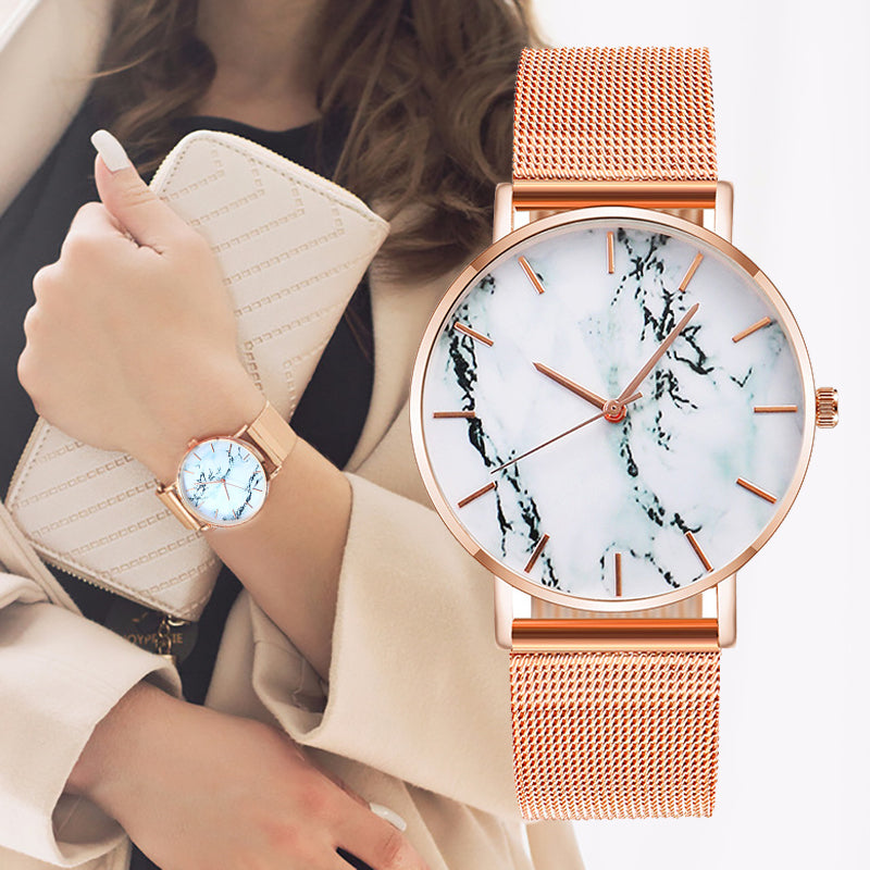 Fashion Rose Gold Mesh Band Marble Watch